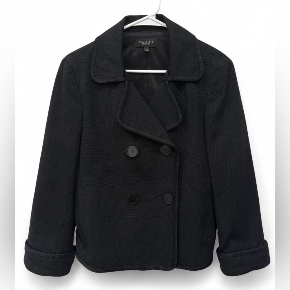 NWOT Talbots Black Double Breasted Blazer Jacket‎ Size 12 Ribbed Cotton Silk
